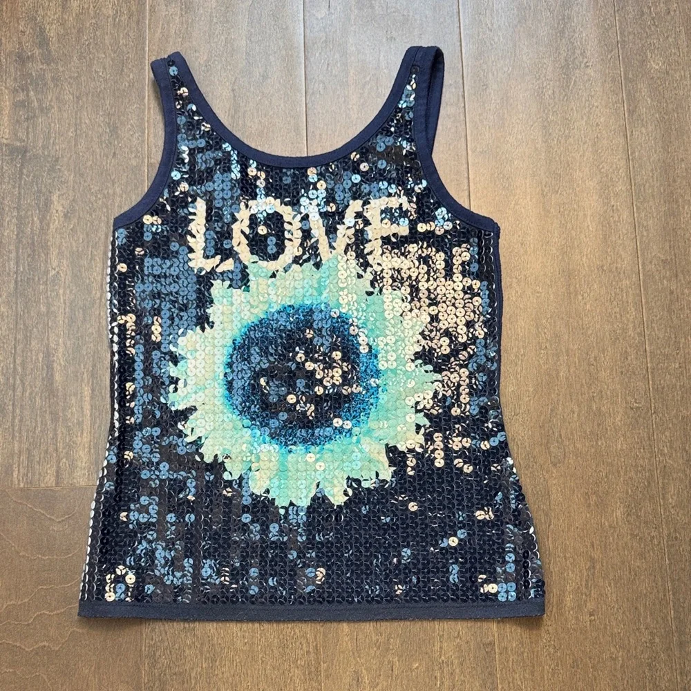 Justice Girls Size 8 Sequin LOVE Eye Graphic Tank Top Navy Blue 3/$30